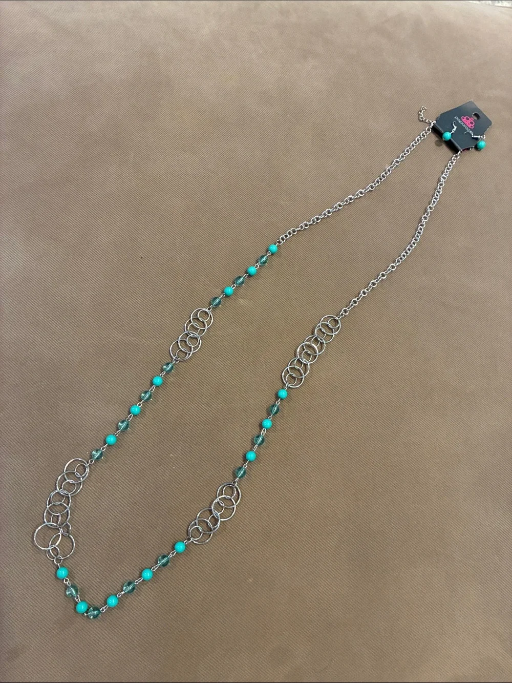New! Silver and Turquoise Teal Aqua Blue Long Beaded Necklace Earrings Set